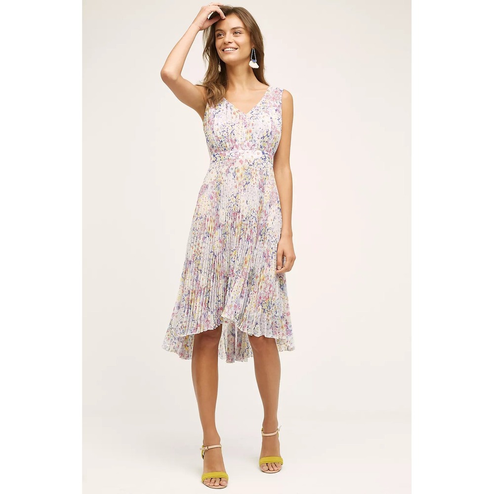 PLENTY BY TRACY REESE Pastel Floral Boho Cottagecore Dress Pleated V-Neck Size 6